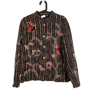 Floral Tapestry Jacket Petite XL Striped Mandarin Collar Applique Boho Lagenlook